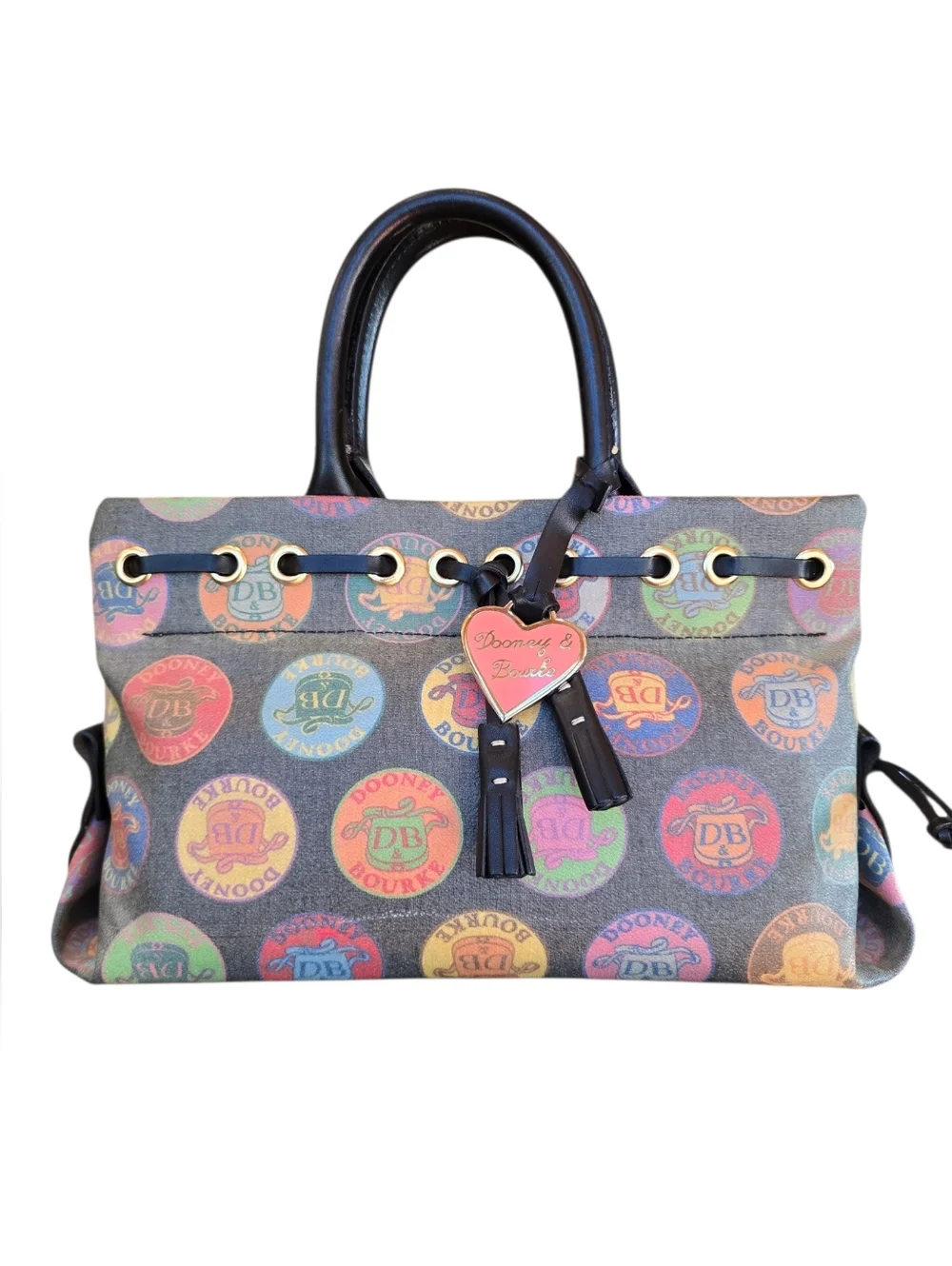 Dooney & Bourke Fanciful Tutti Frutti Medallion Black Vintage Satchel Handbag